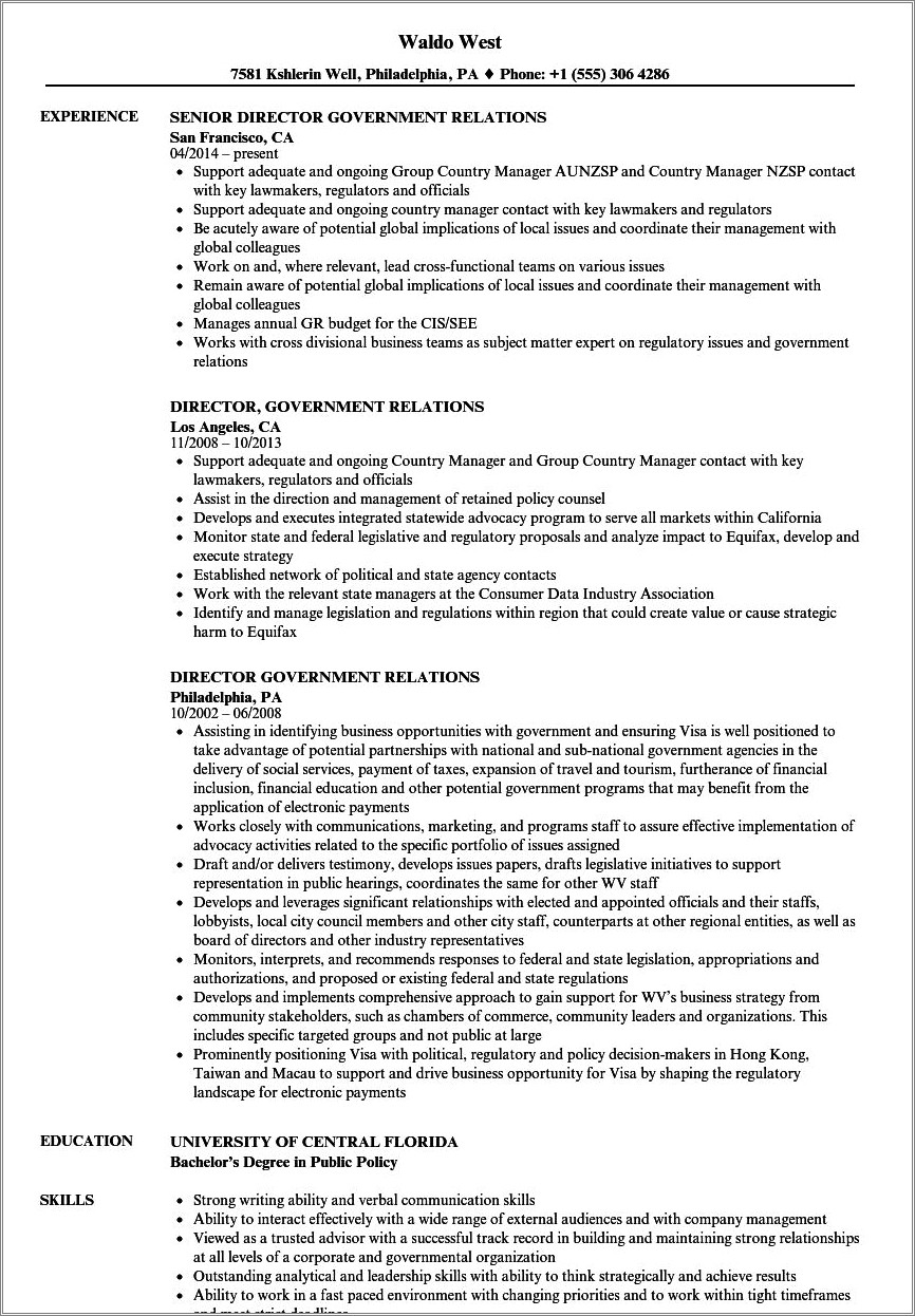 Work Examples Of Government Public Relations Resume