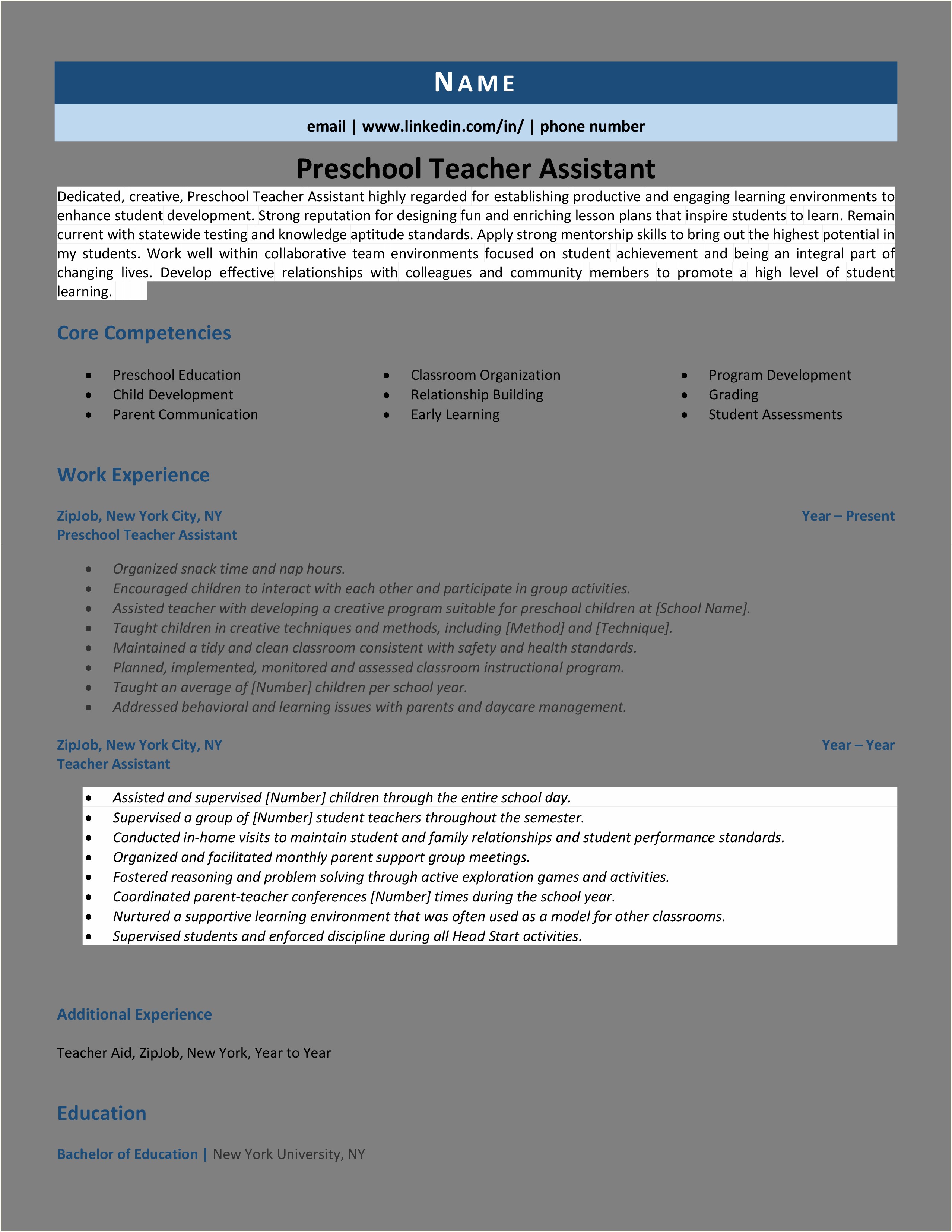 Work Experience As Teaching Assistant Resume