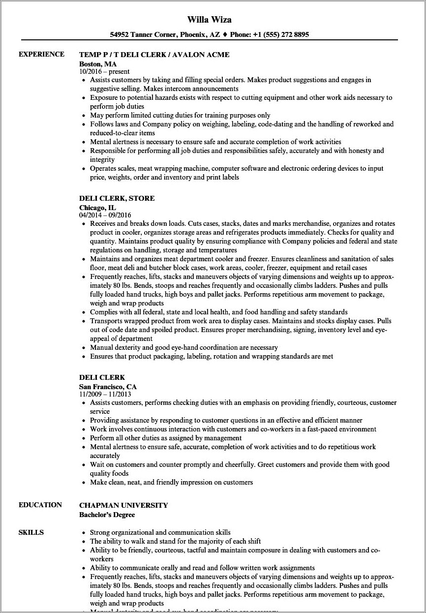 Work Experience At Walmart Deli For Resume