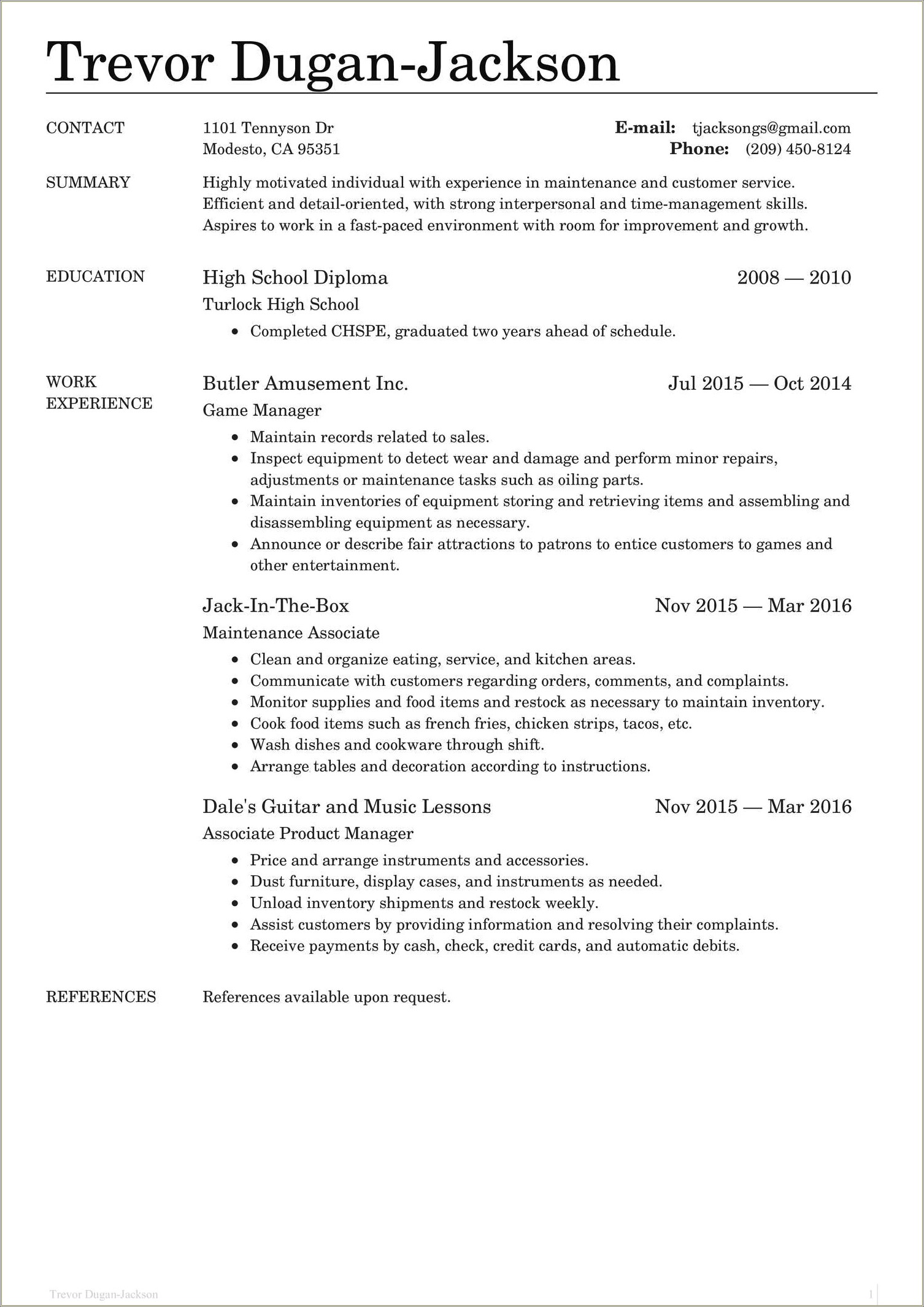 Work Experience On Resume For Fast Food