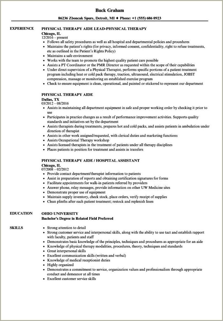 Work Experience Physical Therapy Assistant Resume