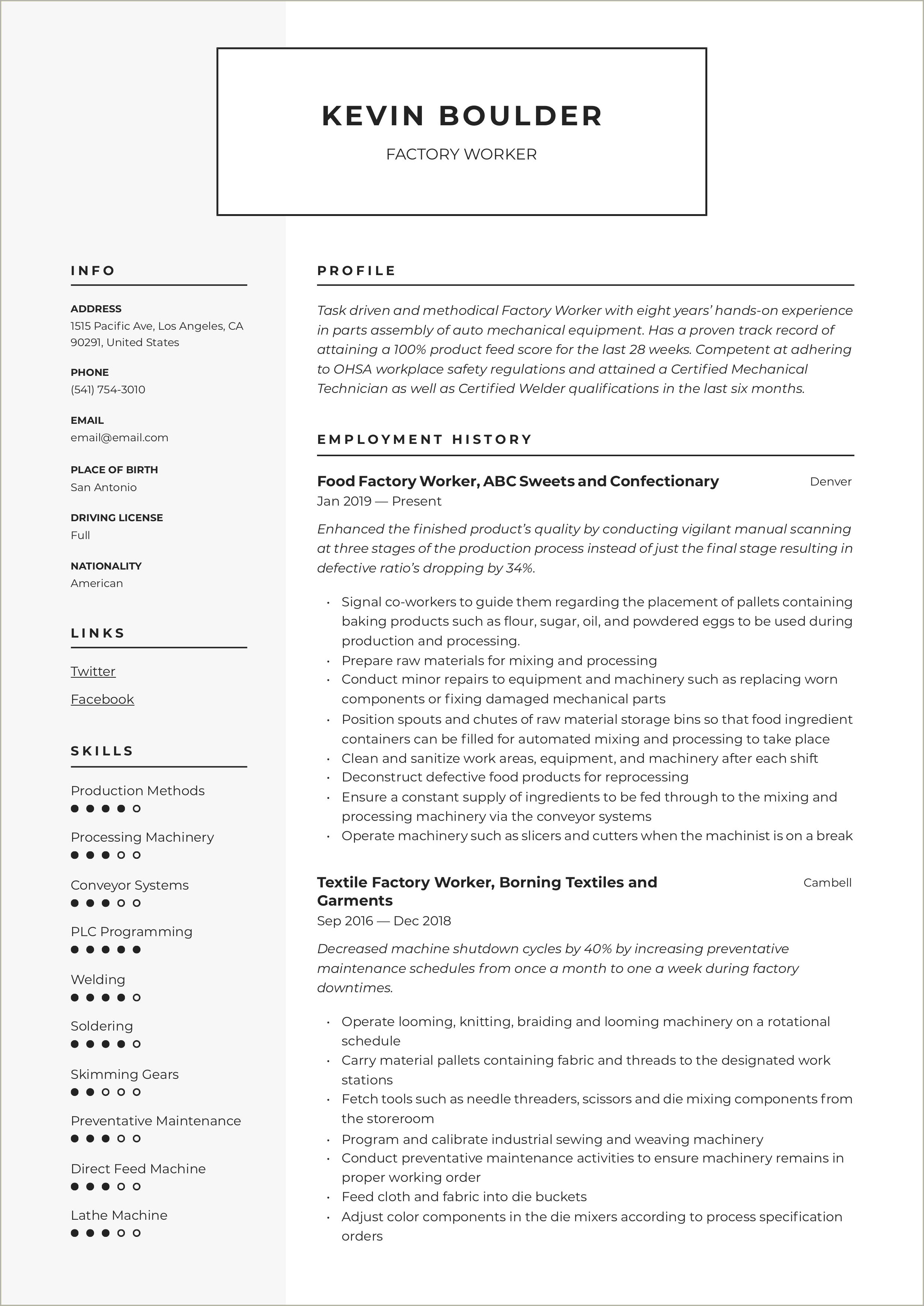 Work Experience Resume Examples Factory Lines