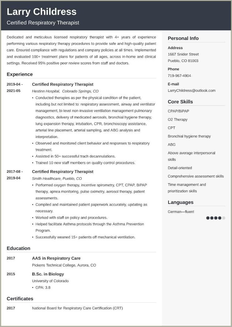 Work Experience Resume For Respiratory Therapist