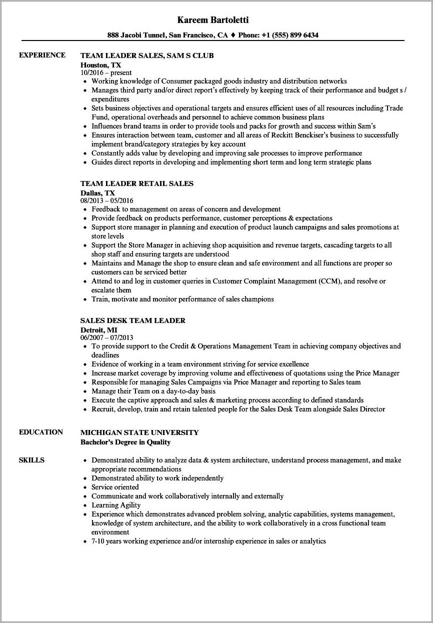 Work In A Team Environment Resume
