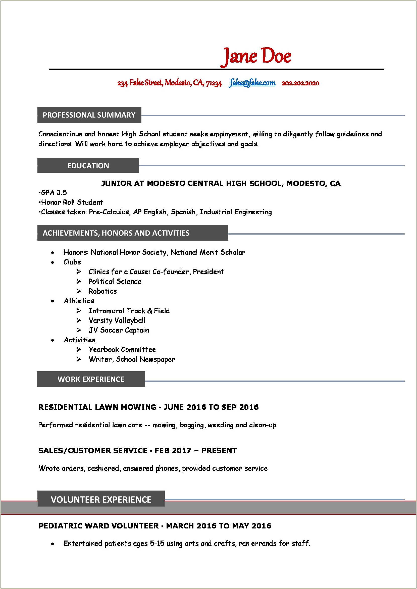Work Release Resume For High School Student
