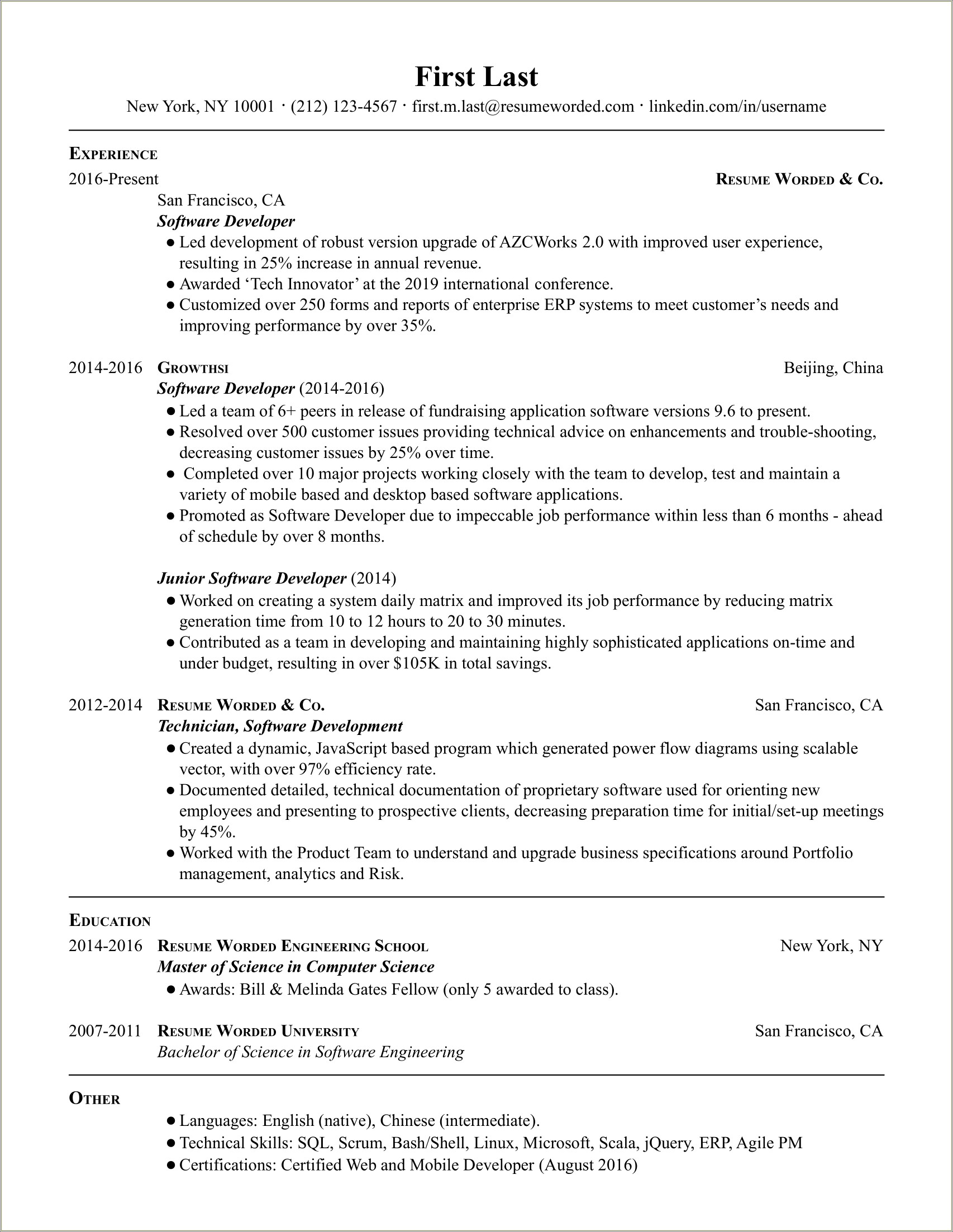 Worked As A Developer On Team Resume