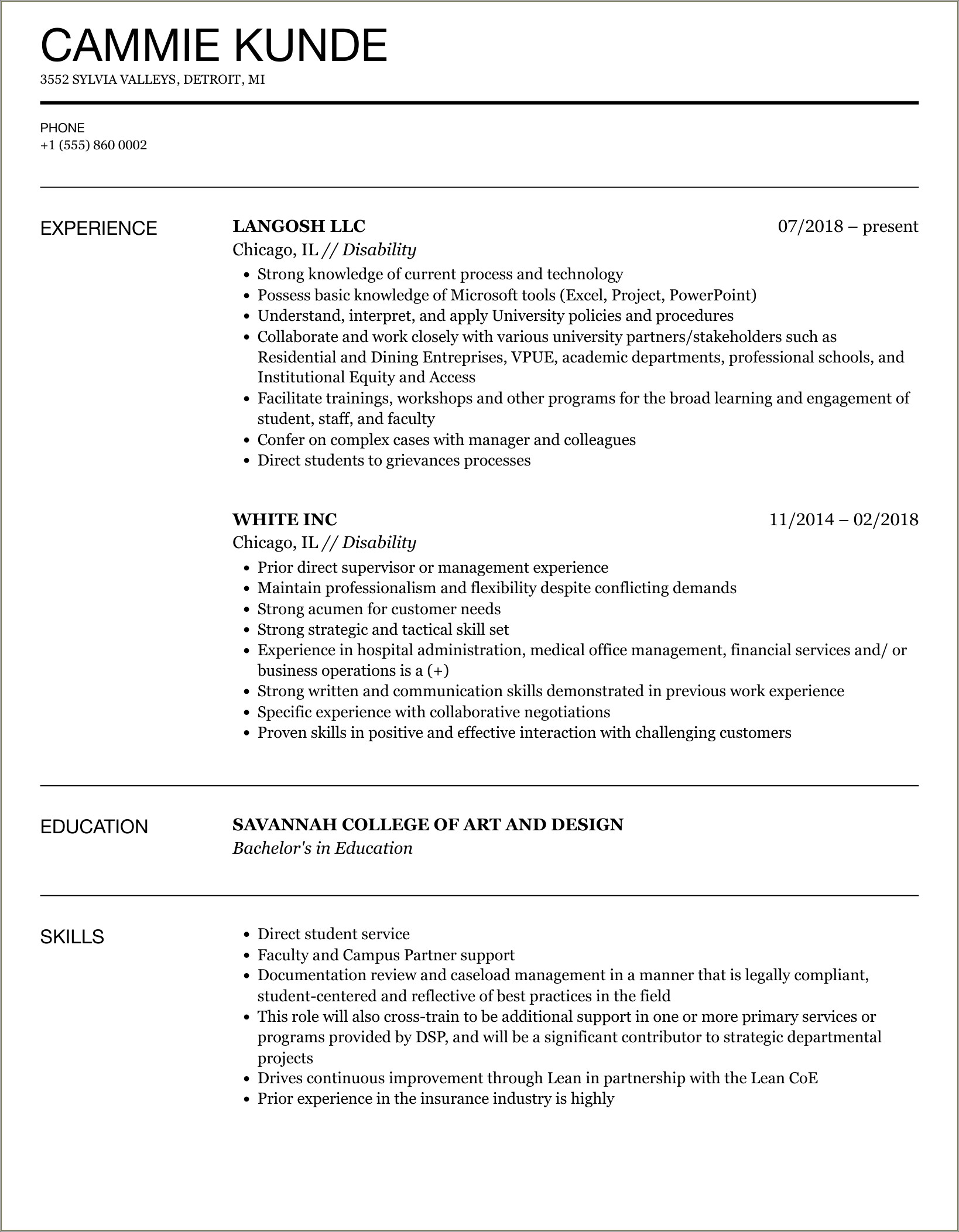 Working With Adults With Disabilities Resume