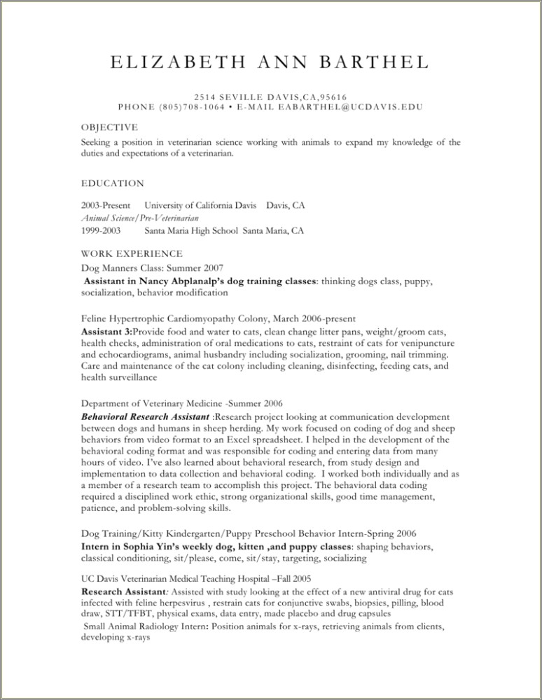 Working With Animal Objective On Resume