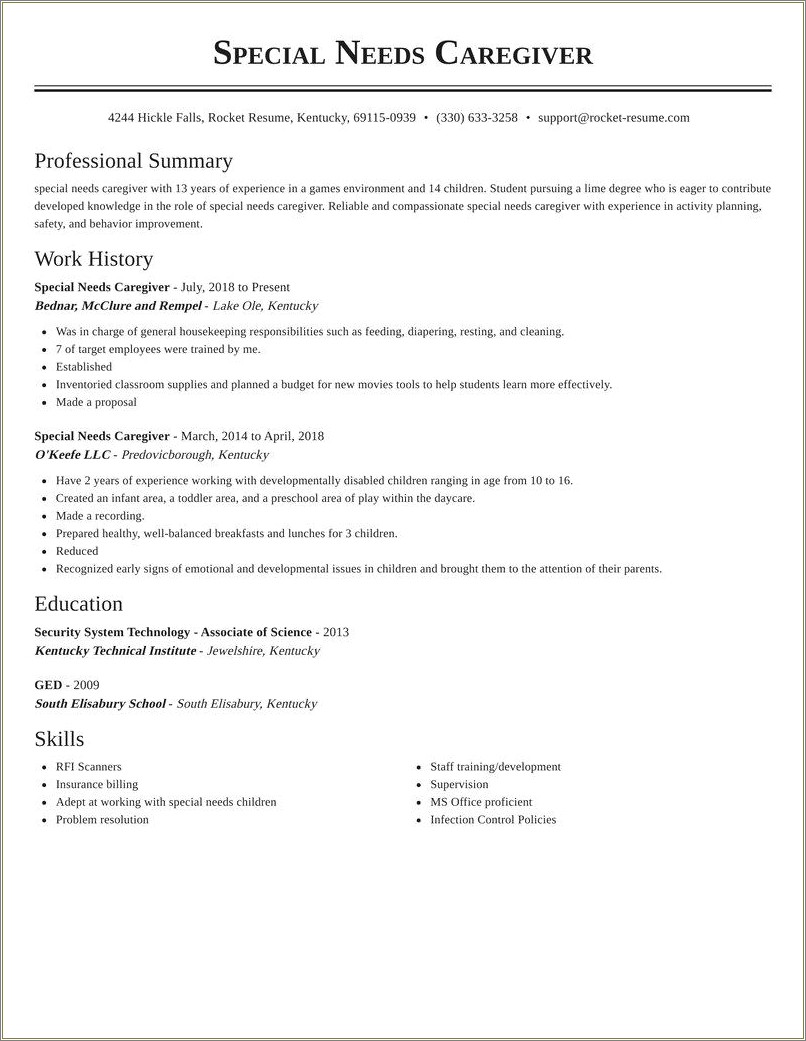 Working With Kids With Special Needs Resume