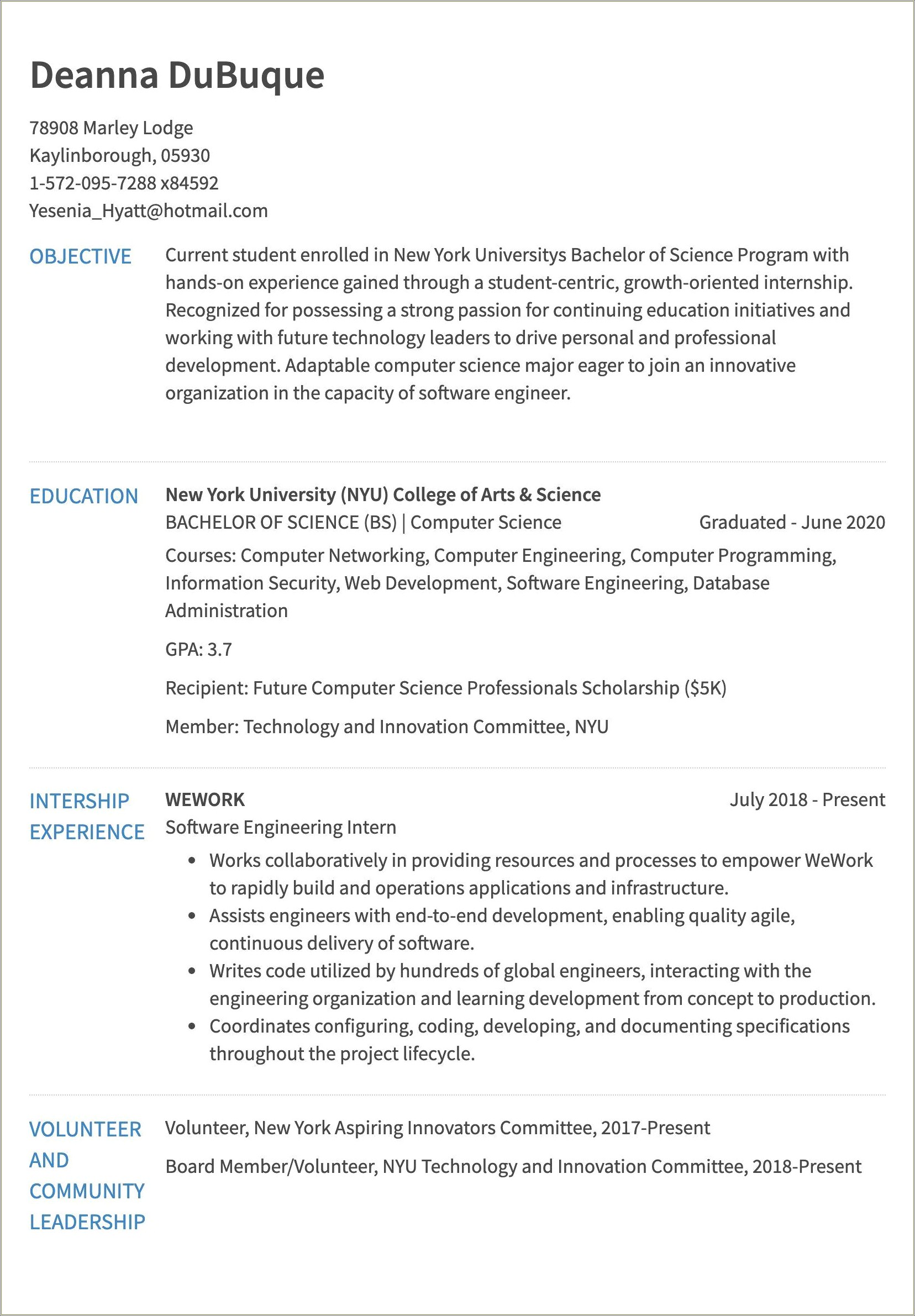 Writing A Resume Objective For Internship