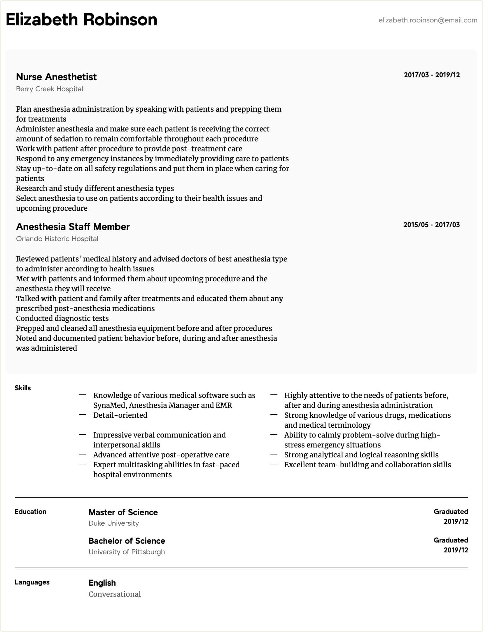 Years Of Experience 2019 Resume Healthcare