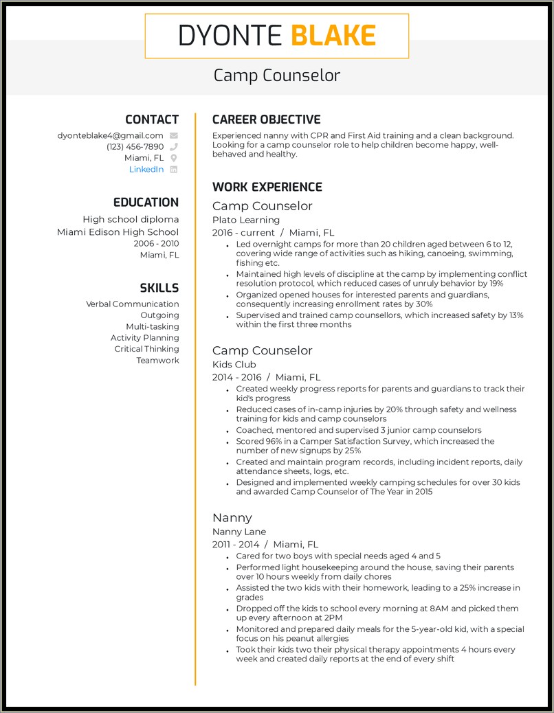 Ymca Camp Counselor Job Description Resume