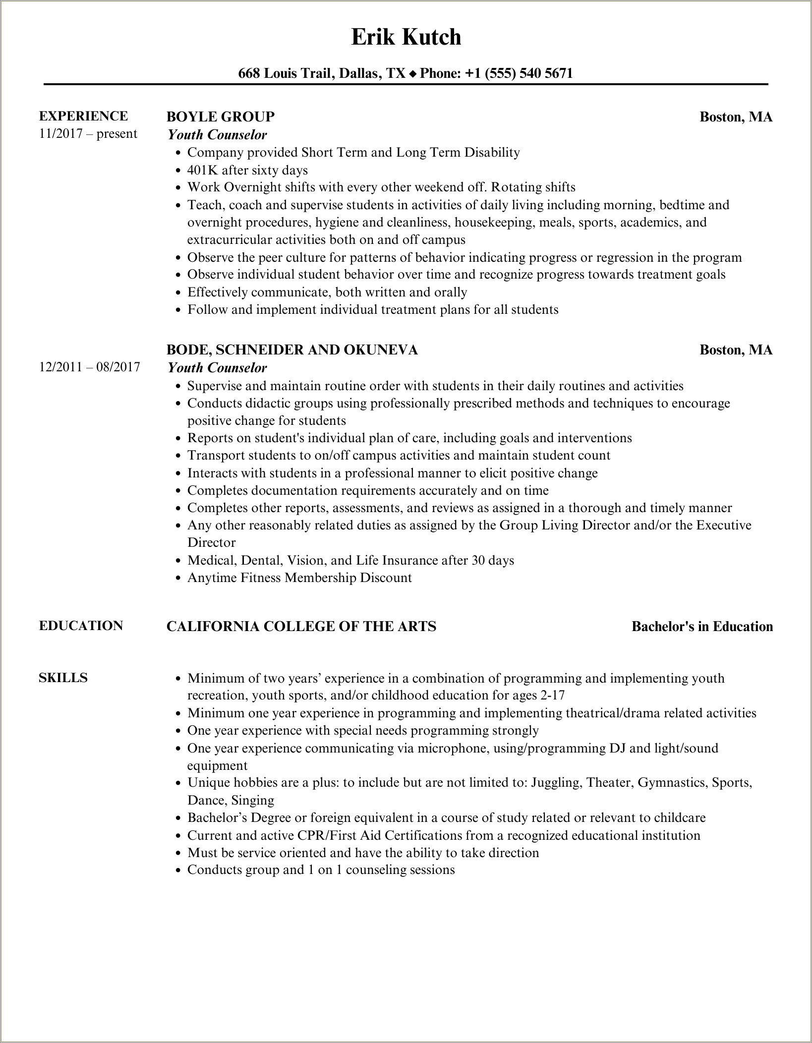 Youth Counselor Job Description For Resume
