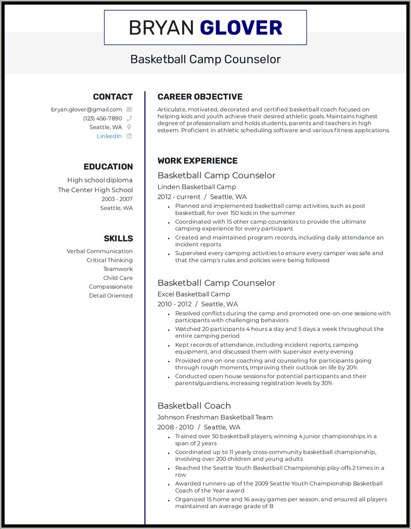 Youth Counselor Job Description Resume Sample