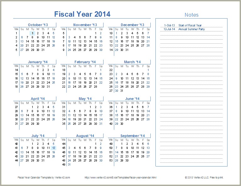2014 Calendar Year Printable Word Template Free