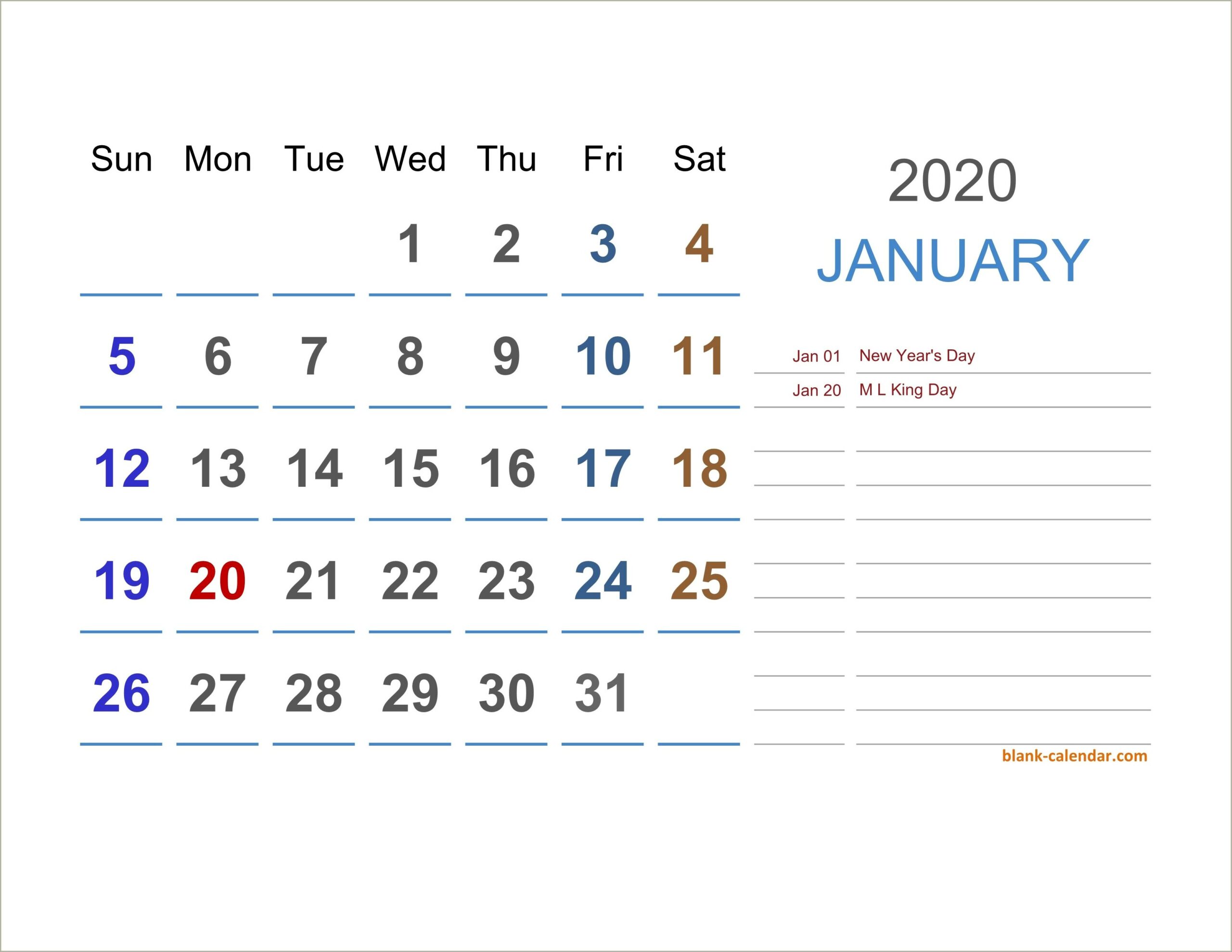 2020 Monthly Calendar Template Excel Free Download