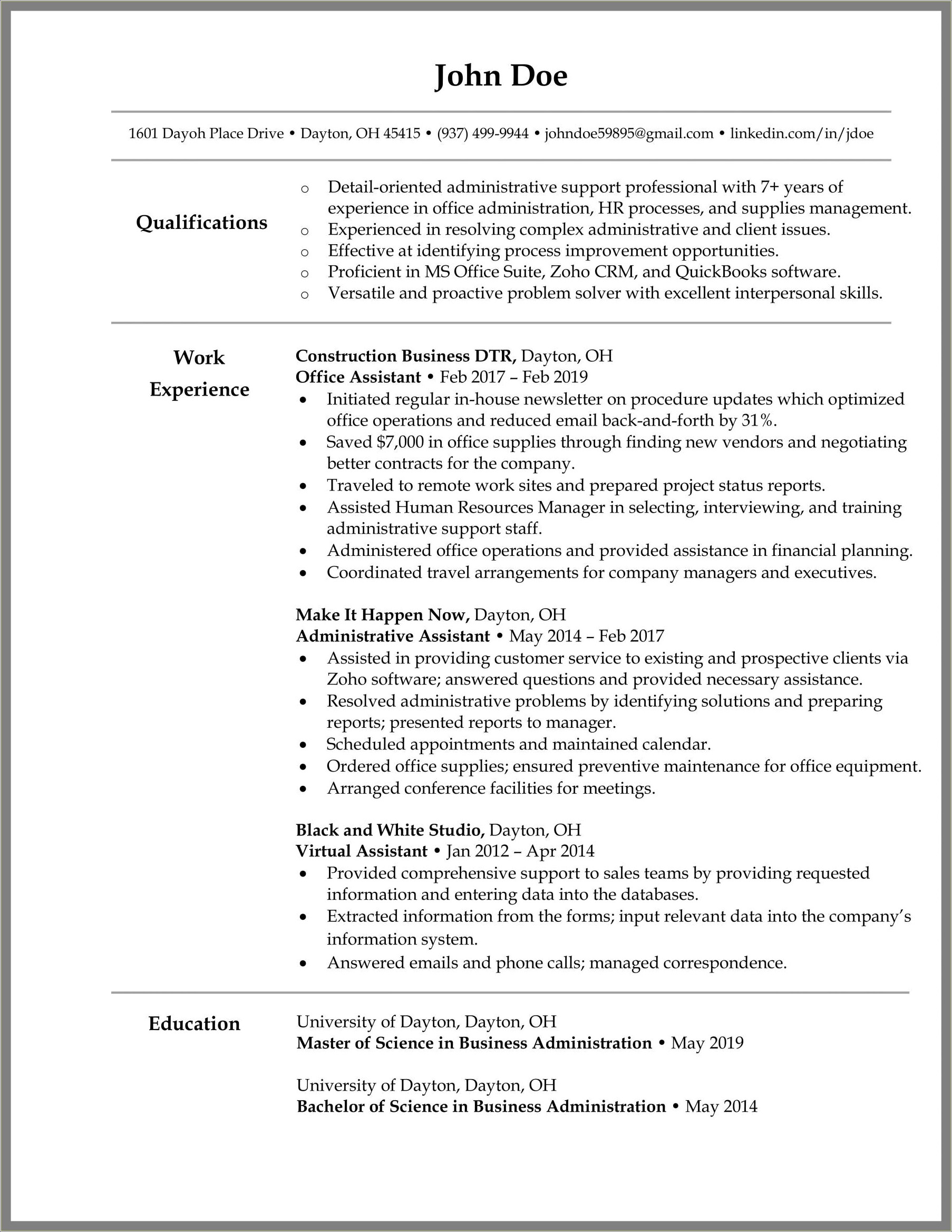 Administrative Assistant Facilities Management Resume