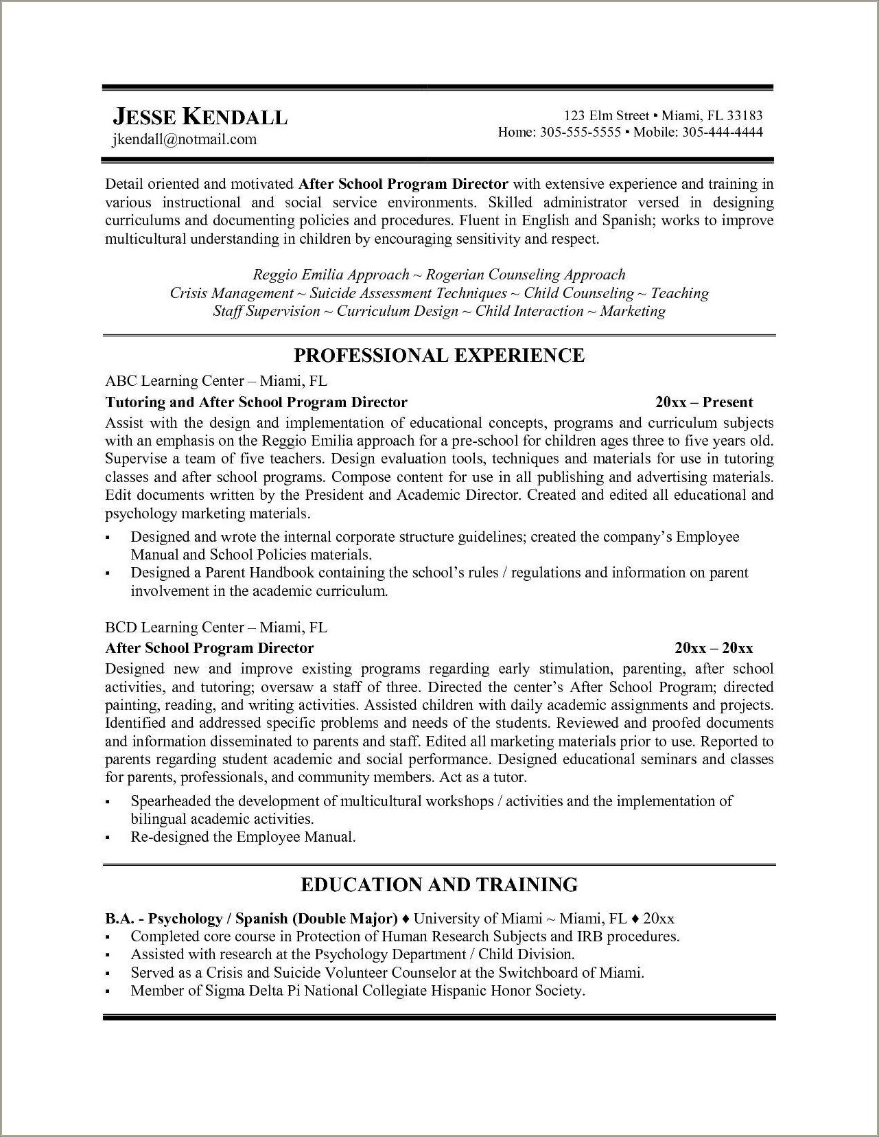 After School Counselor Resume Sample