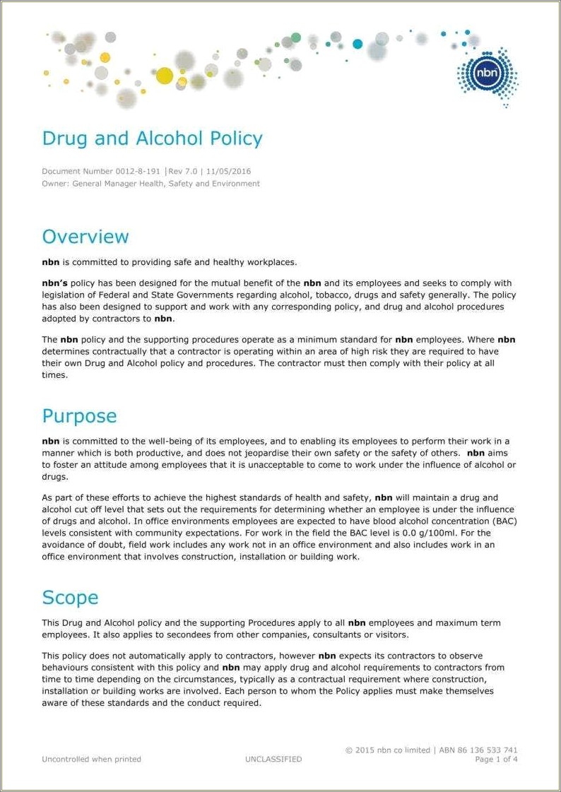 Alcohol And Drug Free Workplace Policy Template