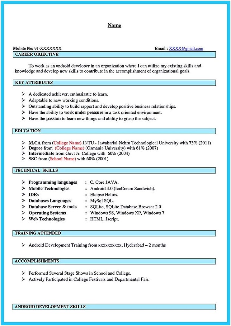 Android Sample Resume For Freshers