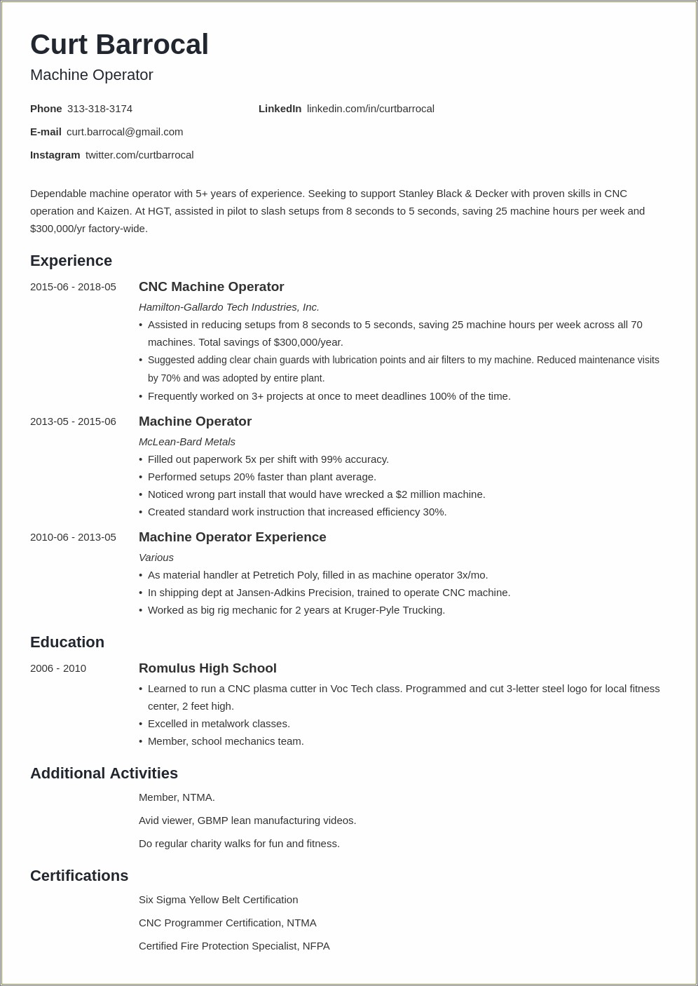 Application Job Resume Machine Operation