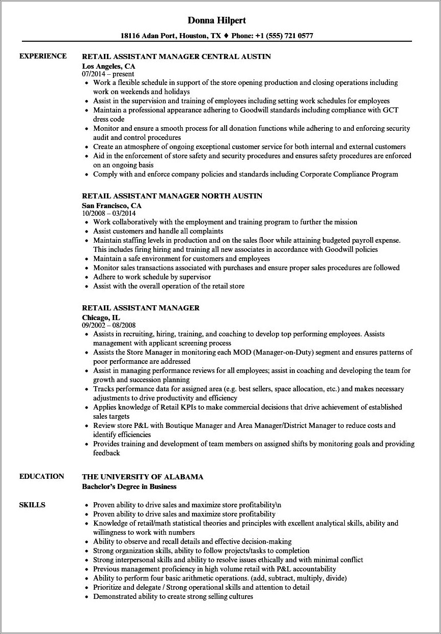 Assistant Manager Responsibilities For Resume