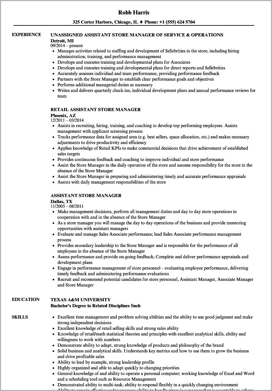 Assistant Store Manager Experience Resume