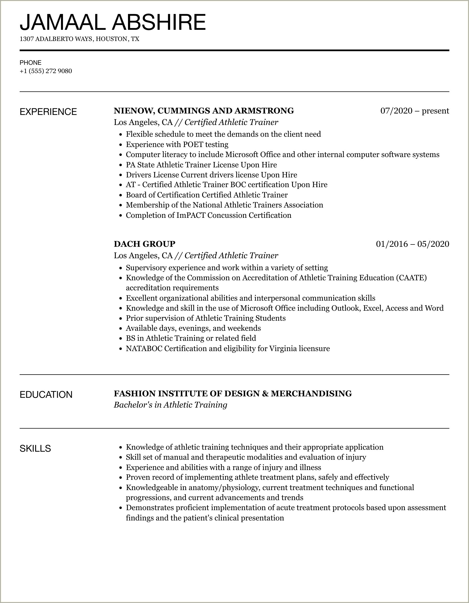 Athletic Trainer Job Description Resume