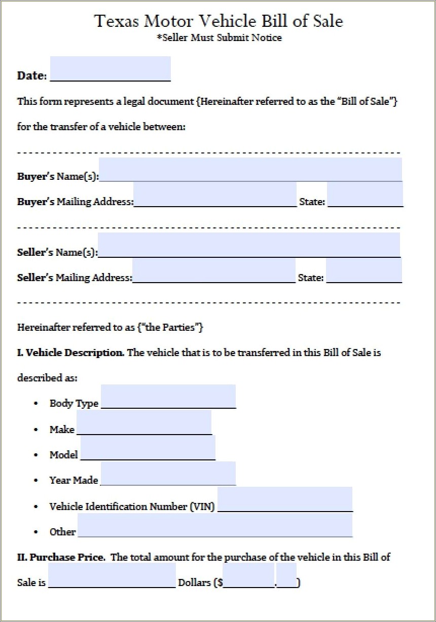 Auto Bill Of Sale Word Template Free