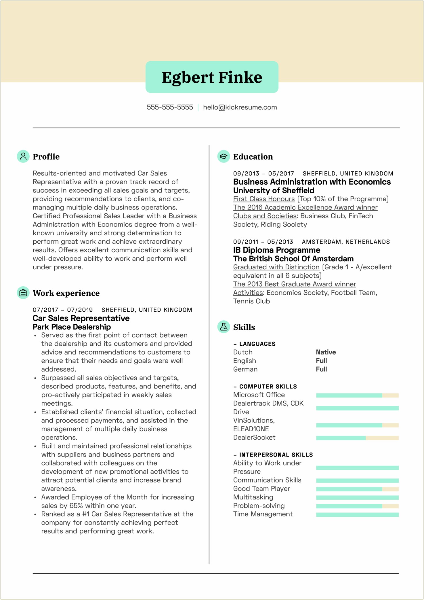Auto Sales Manager Resume Example