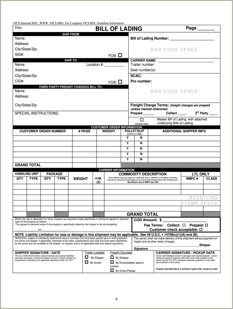 Bill Of Lading Free Template And Free Printable
