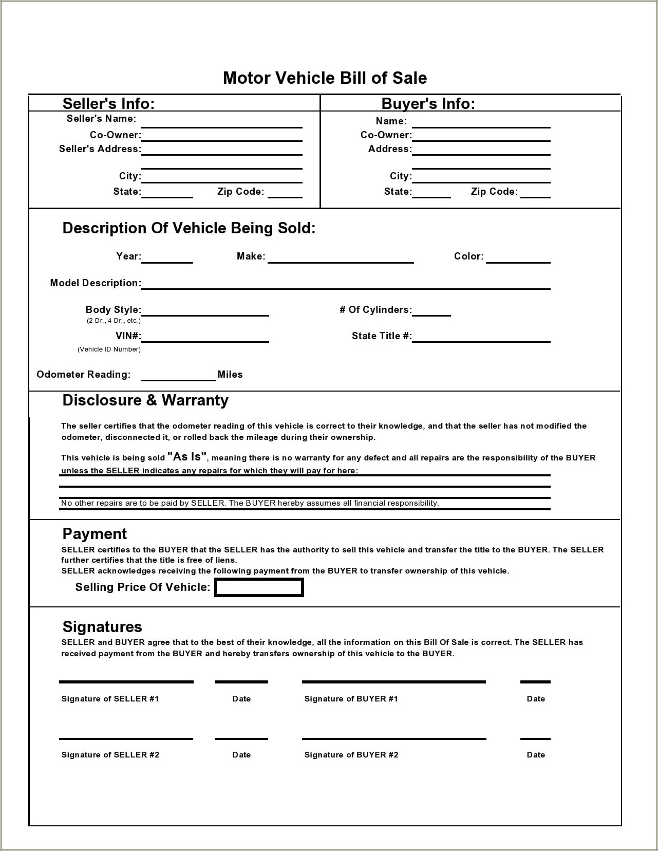 Bill Of Sale Template For Motorcycle Free