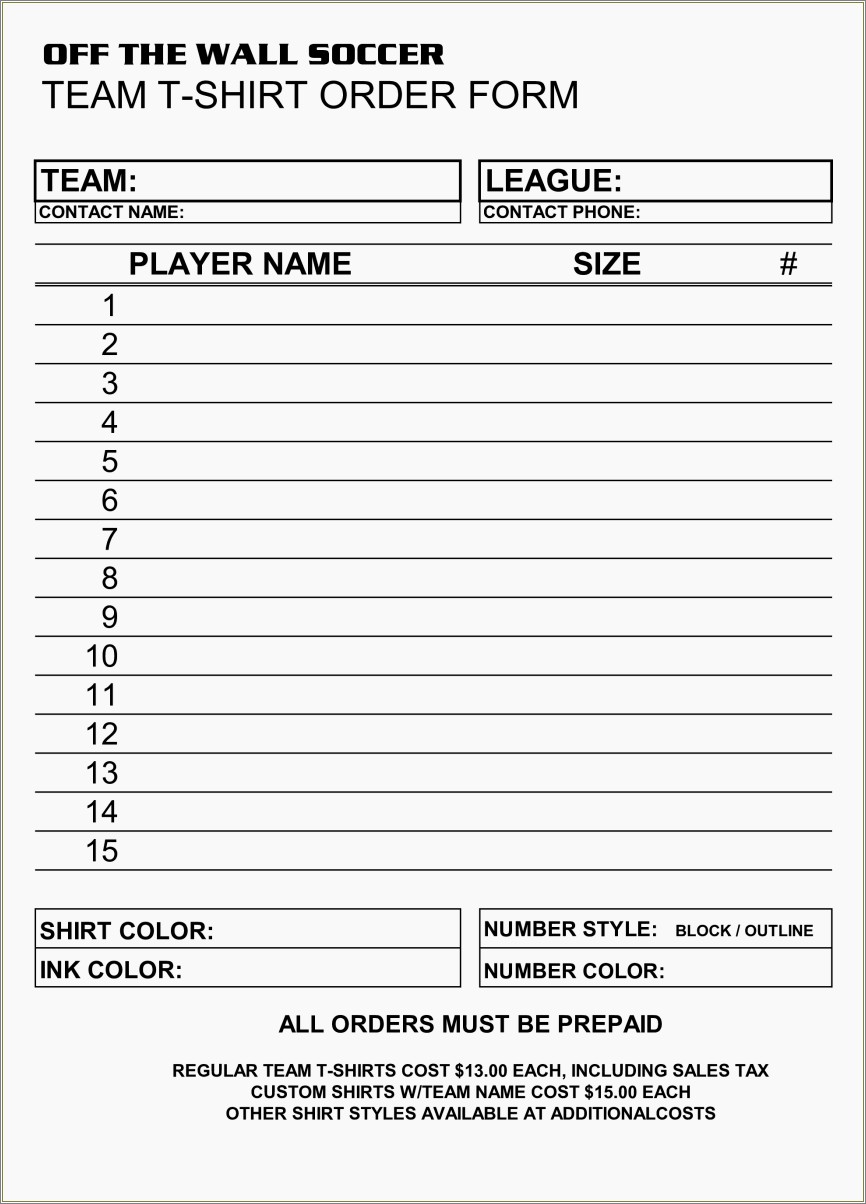 Blank Order Form Template Free For T Shirts