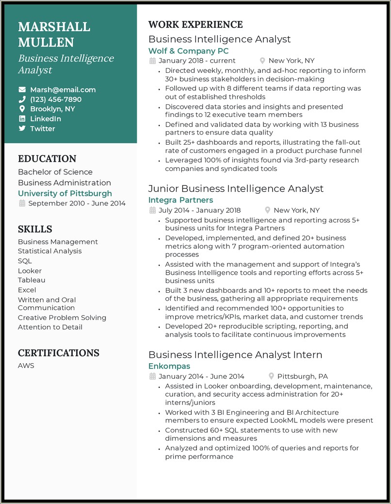 Business Intelligence Manager Resume Sample
