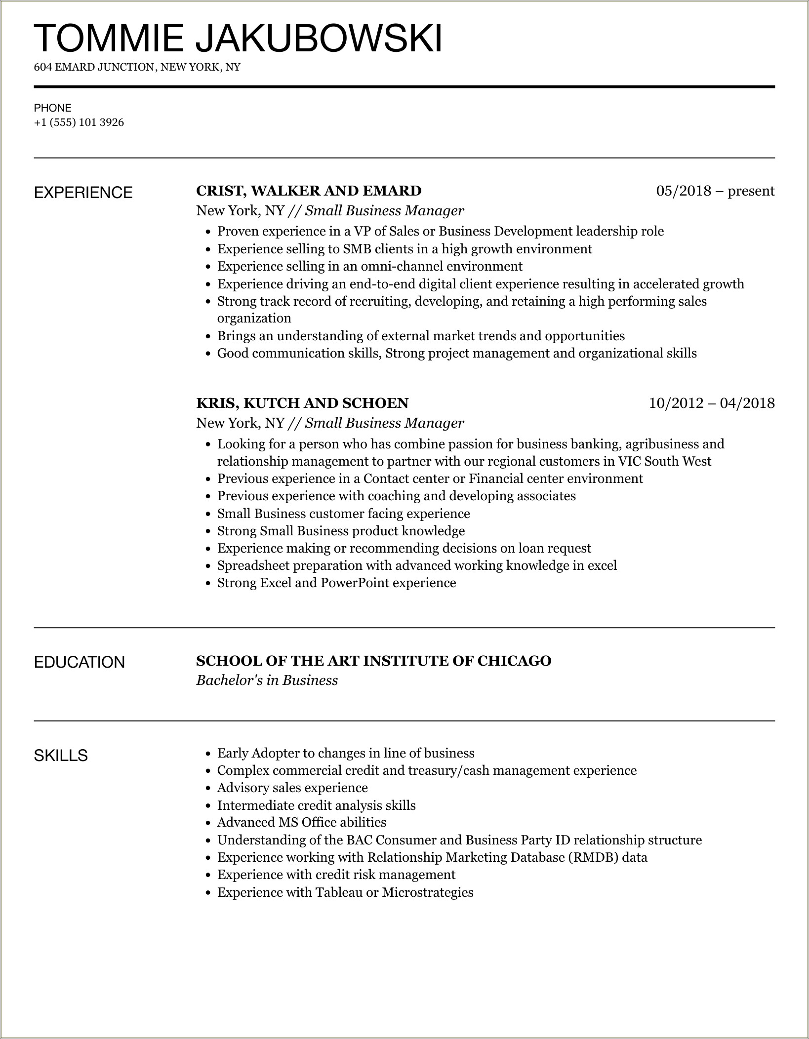 Business Manager Duties For Resume