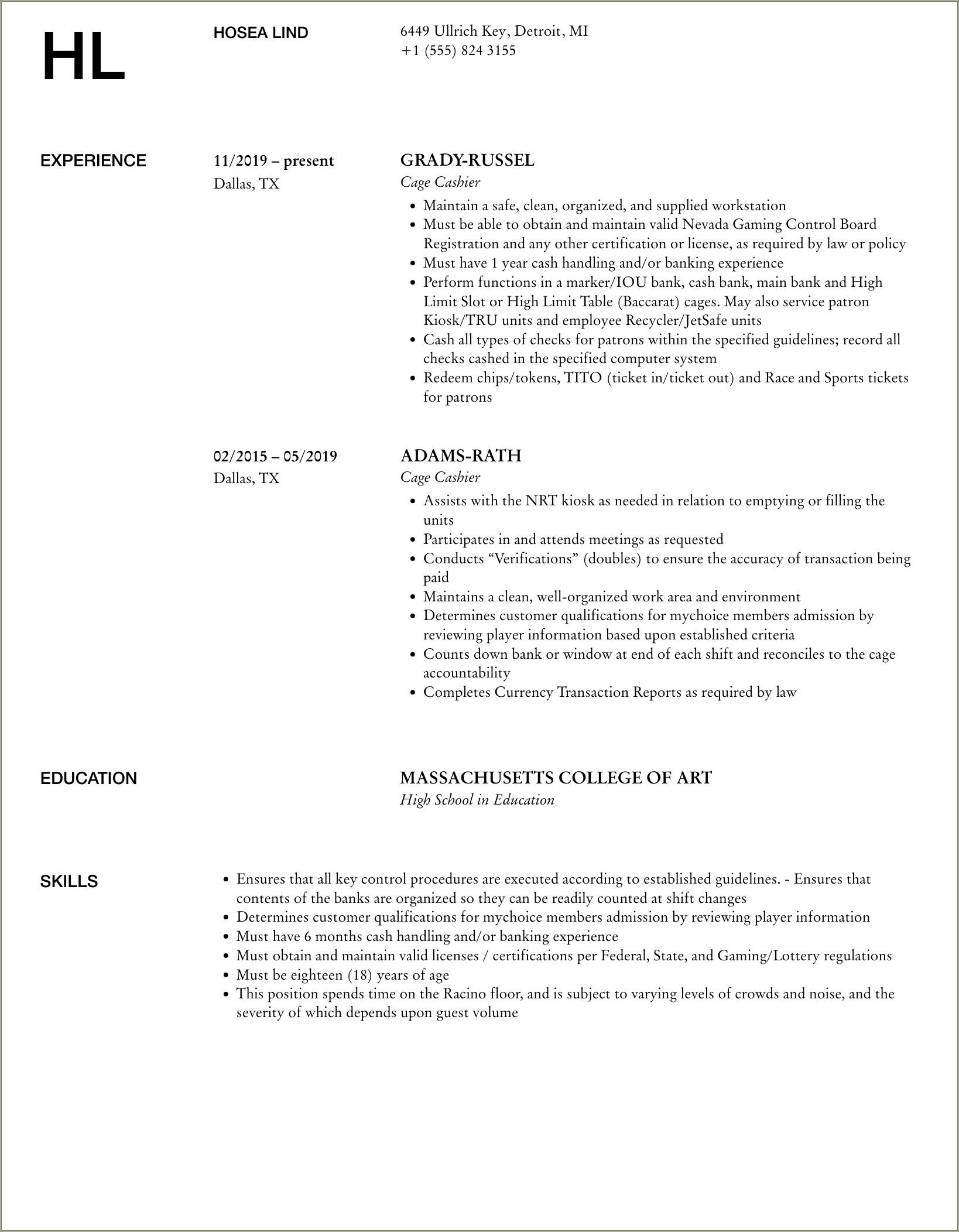 Cage Cashier Job Description Resume