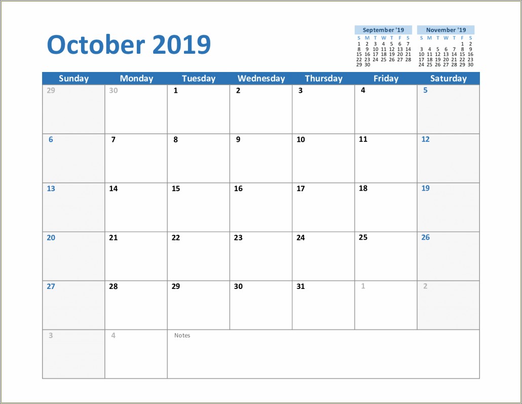 Calendar Pdf Template October 2019 Free Choose Font