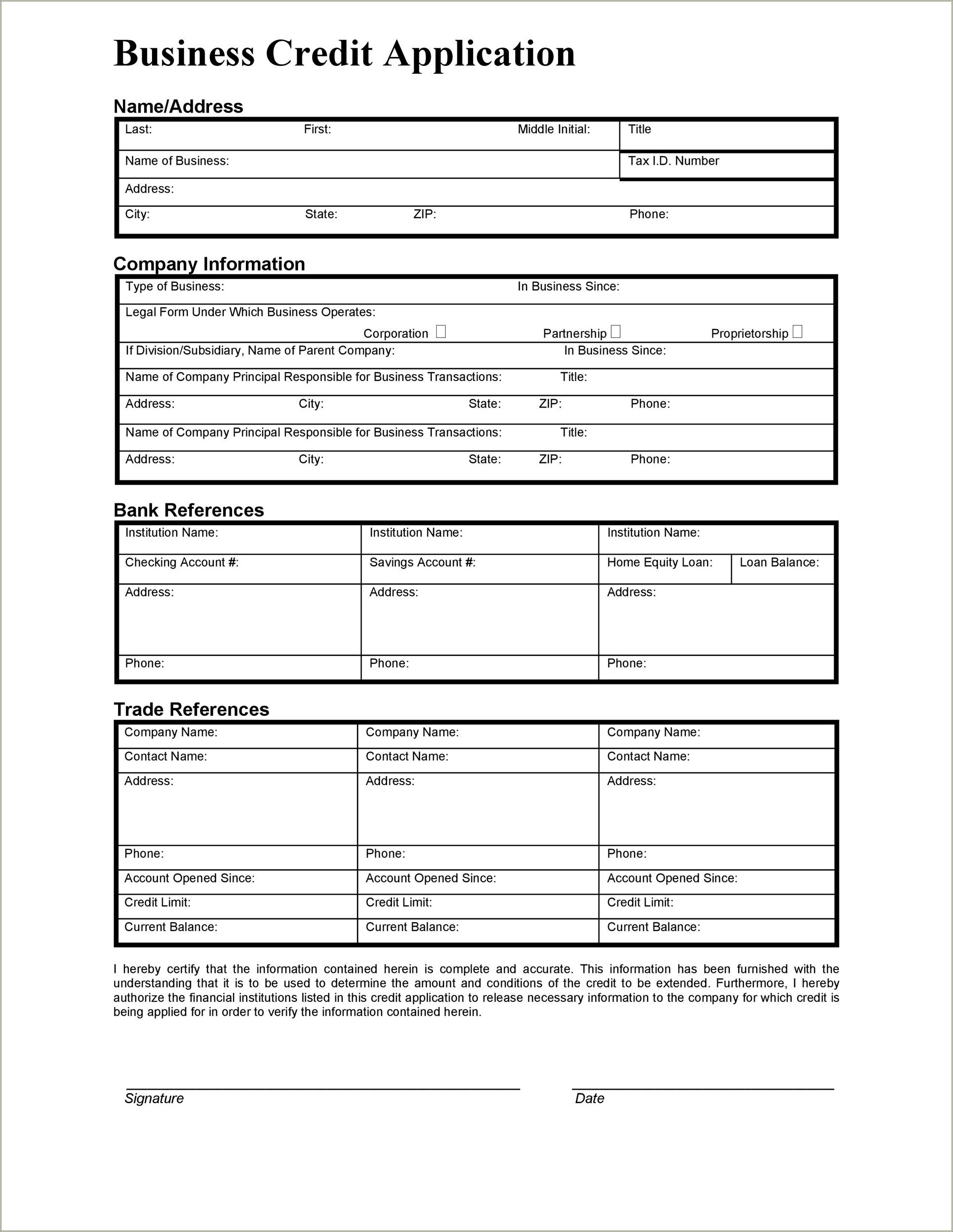 California Business Credit Application Form Template Free