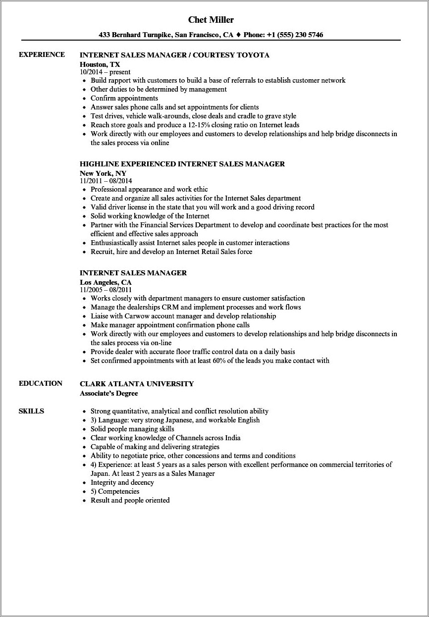 Car Sales Manager Resume Examples