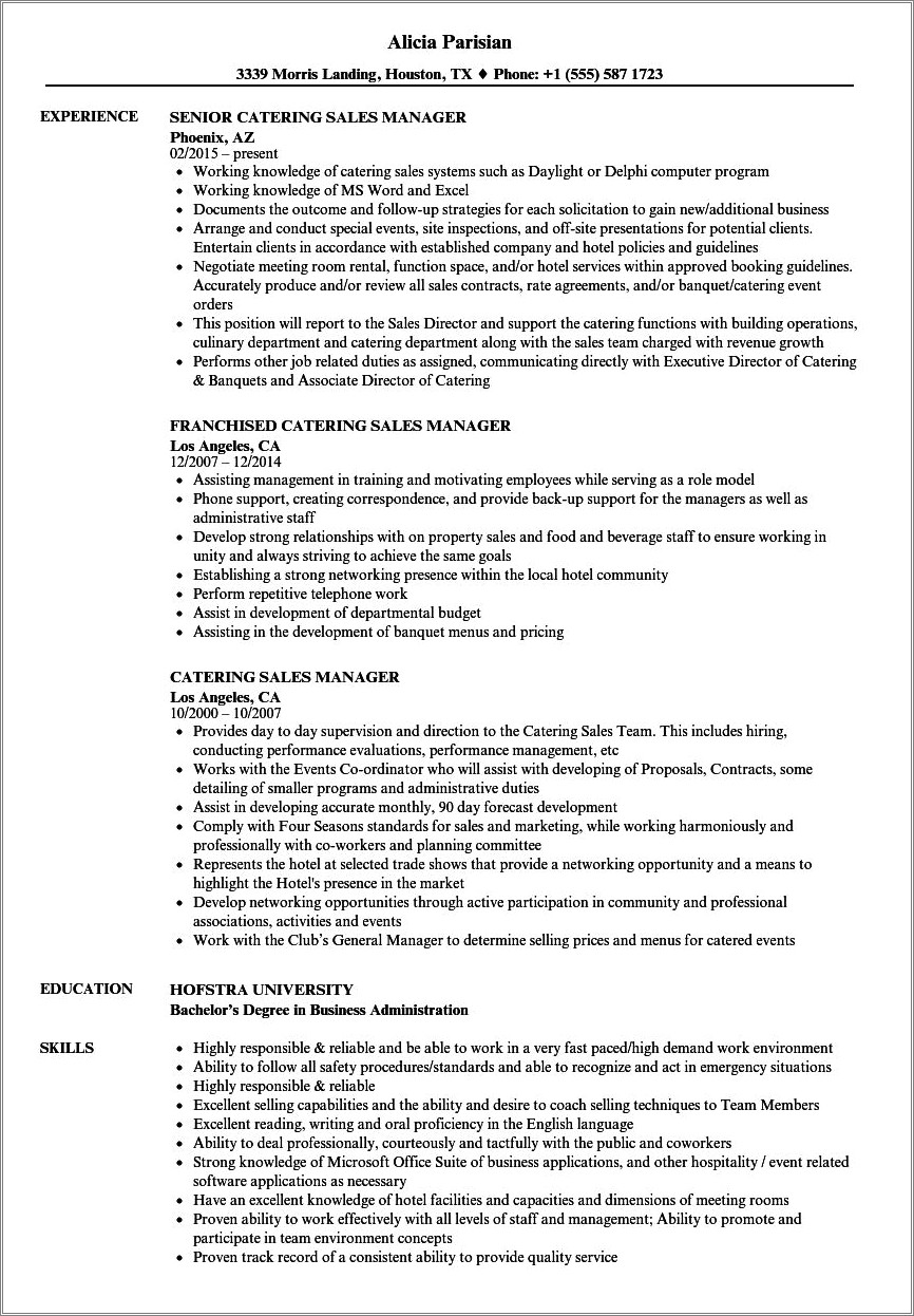 Catering Sales Manager Resume Samples