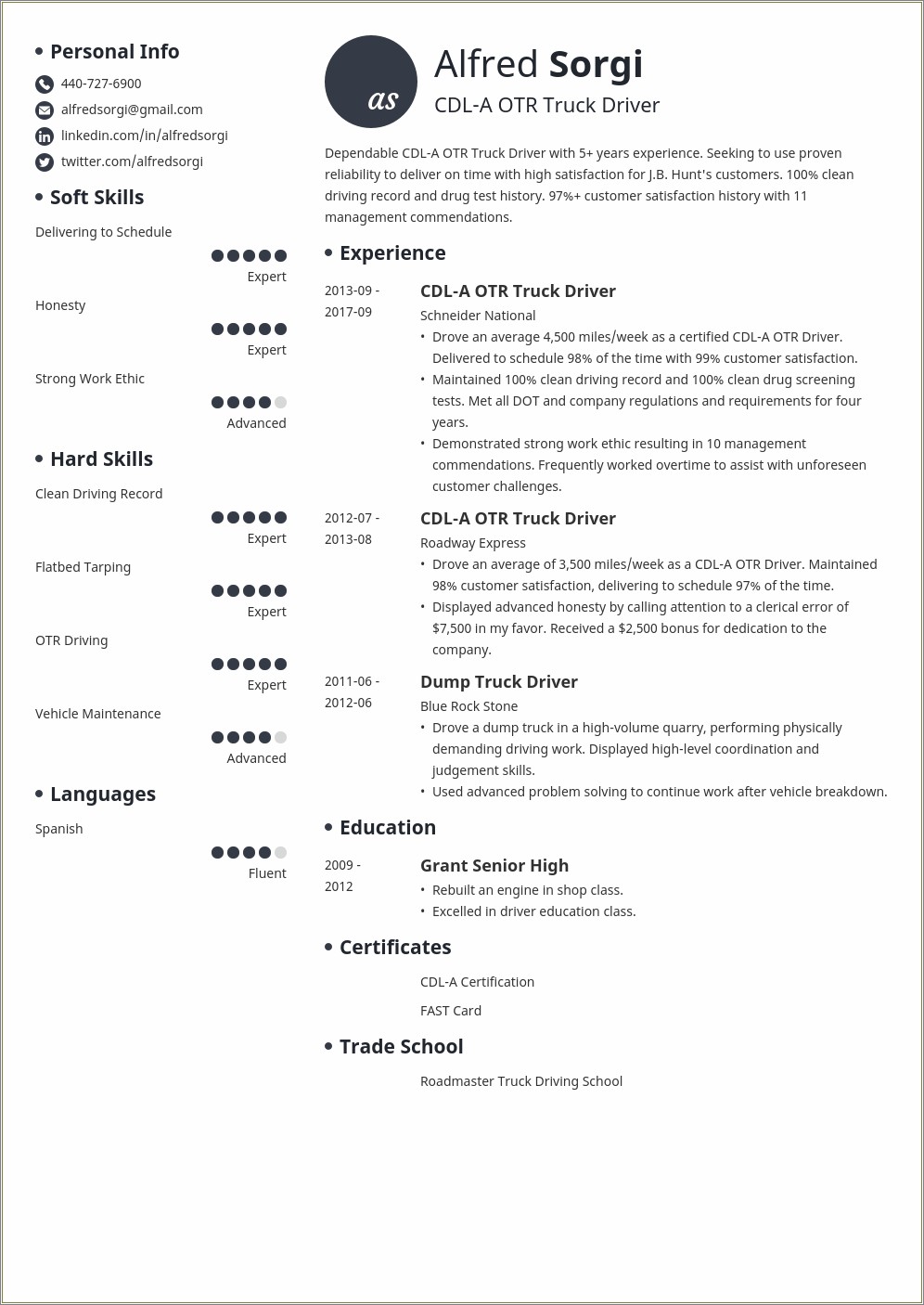 Cdl Truck Driving Resume Samples