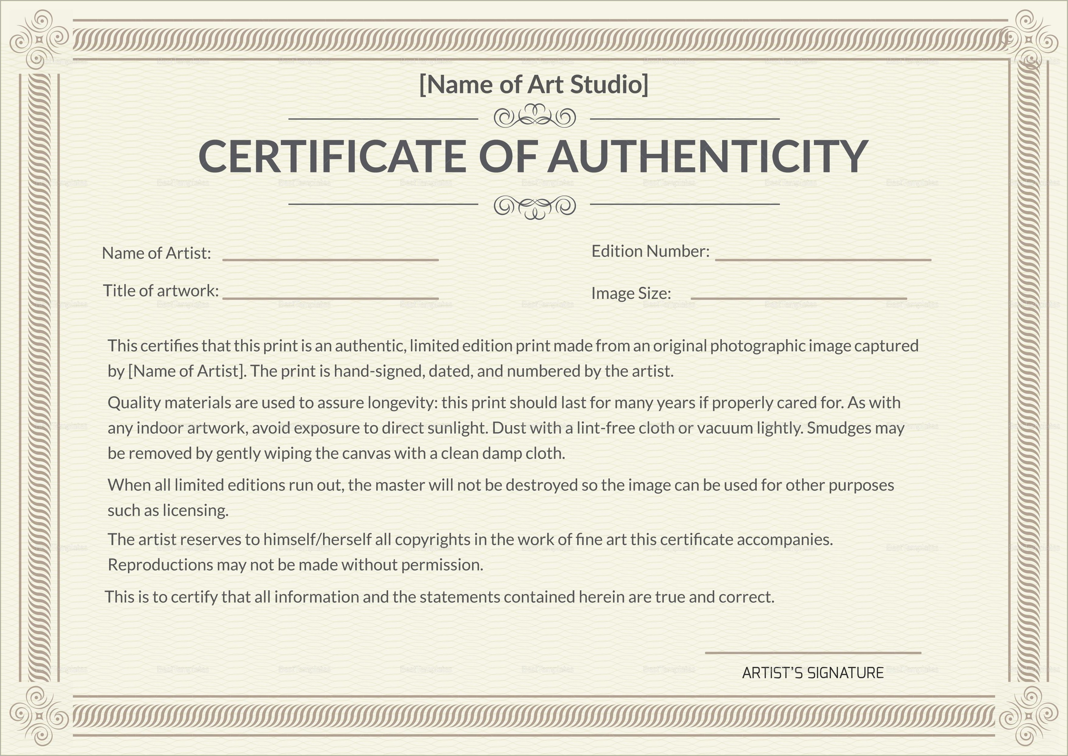 Certificate Of Authenticity Template Free For Artwork