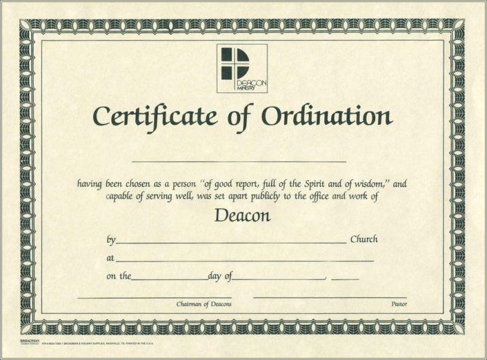 Certificate Of Ordination Deacon Template Free Type