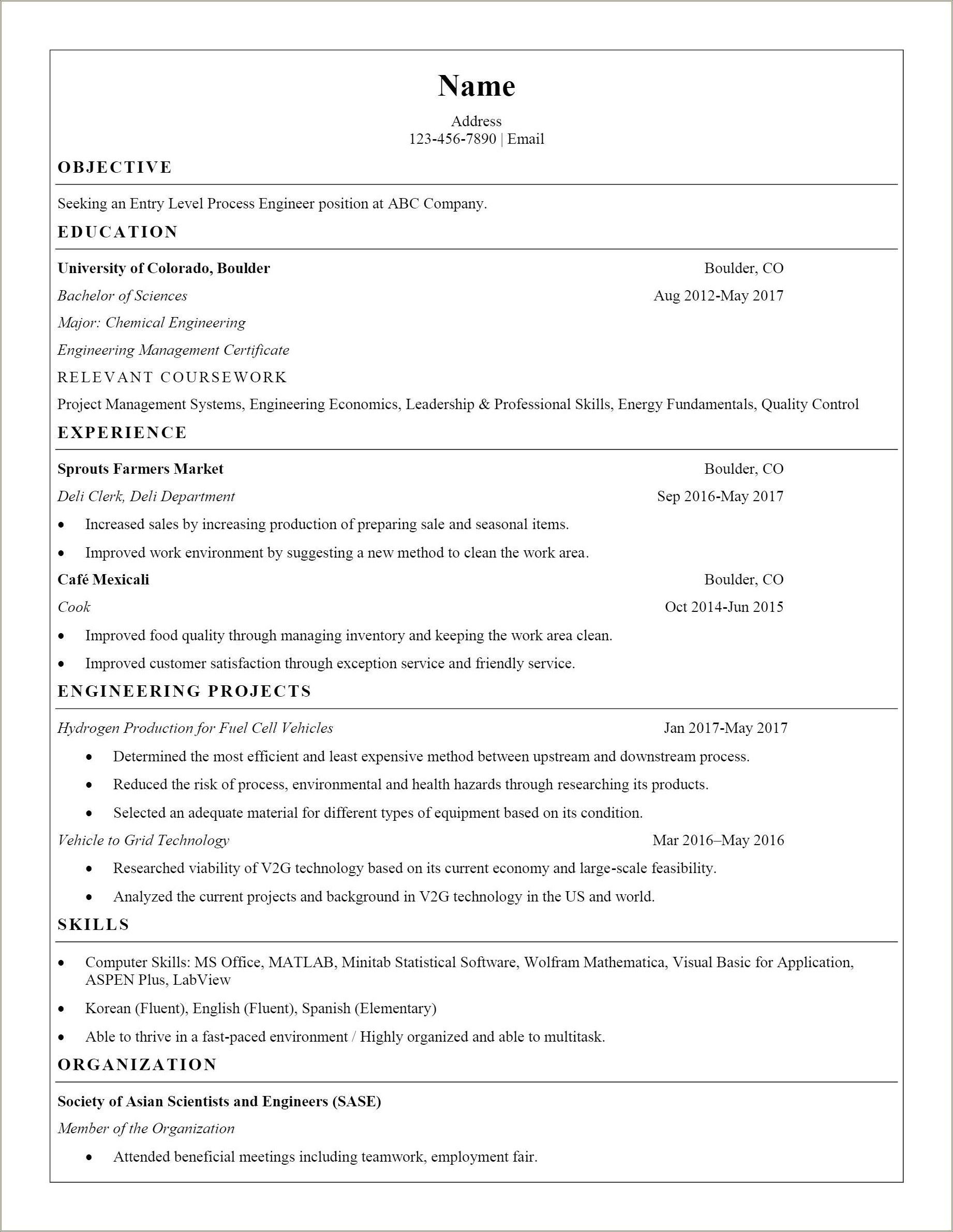 Chemical Engineer Objective In Resume