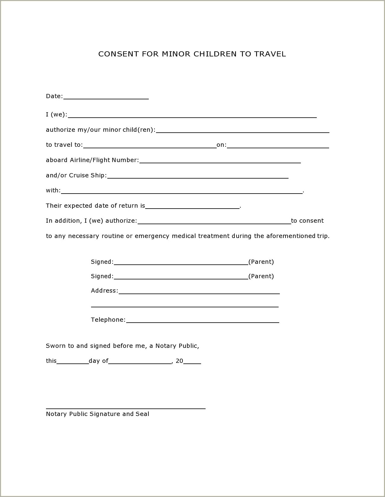 Child Consent Form To Travel Print Free Template