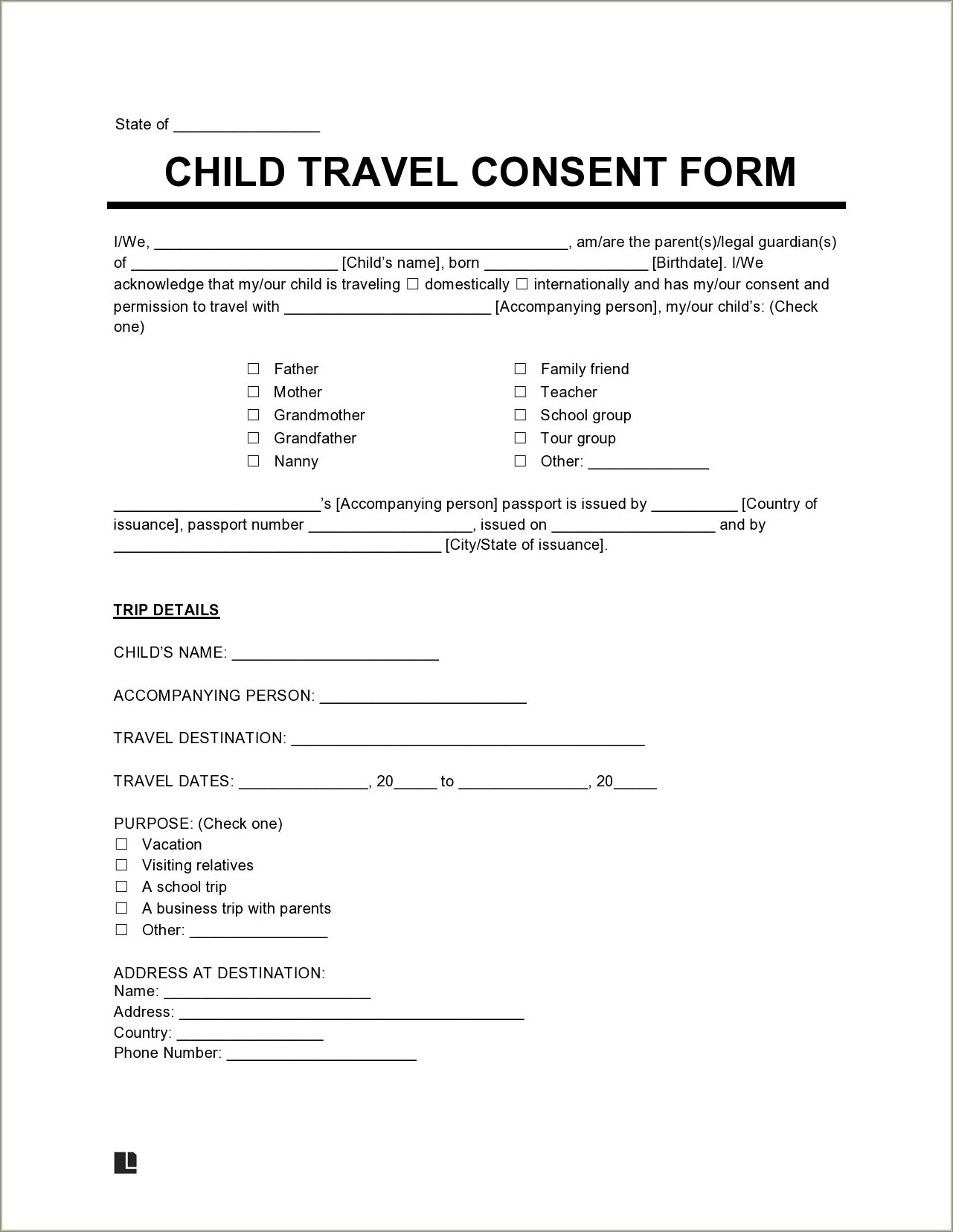 Child Travel Consent Form Template Uk Free