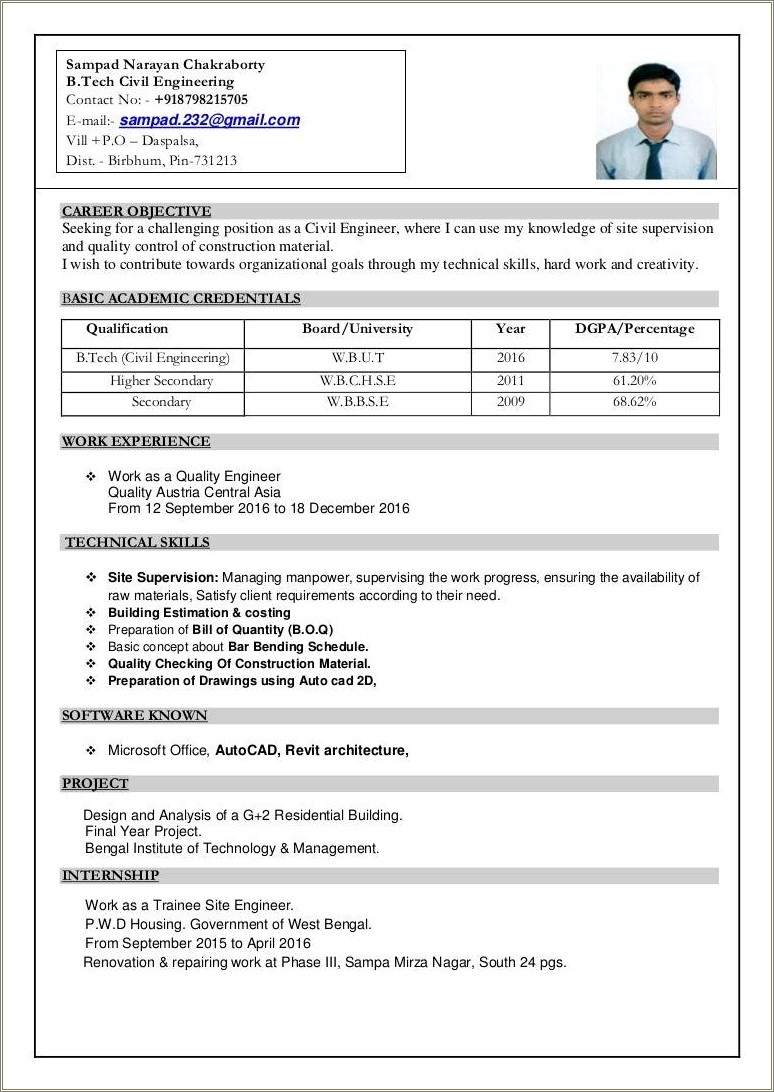 Civil Engineer Intern Resume Objective