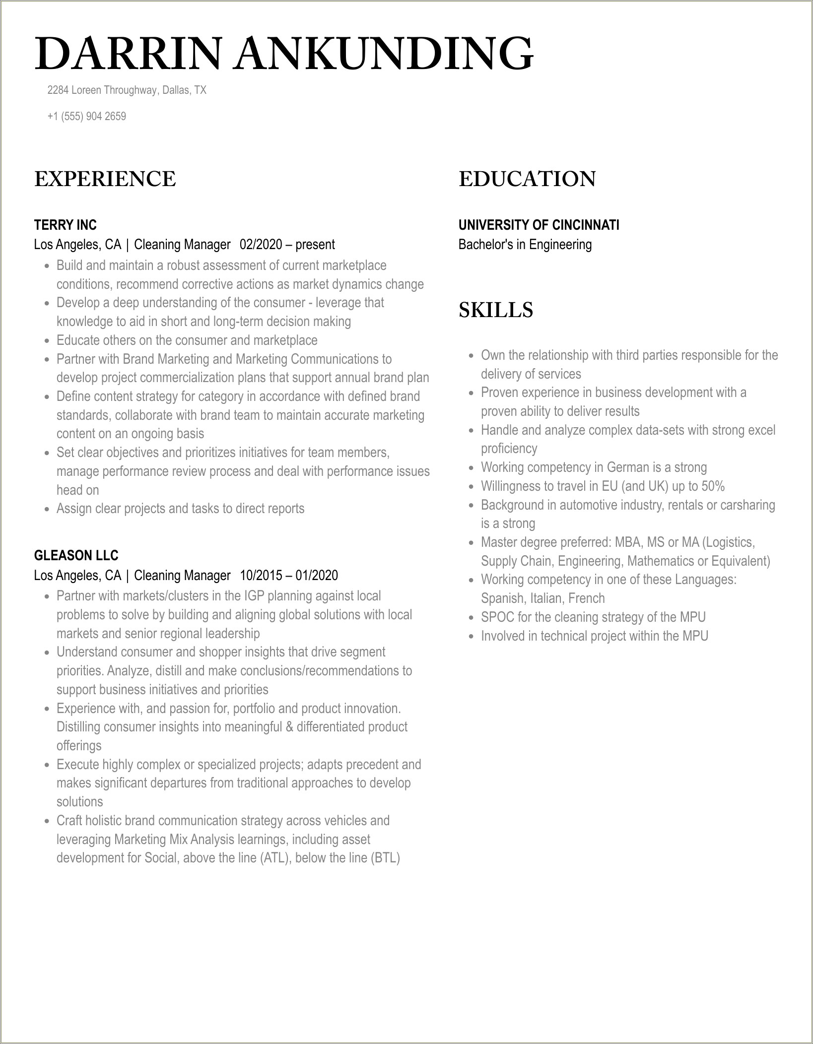 Cleaning Service District Manage Resume