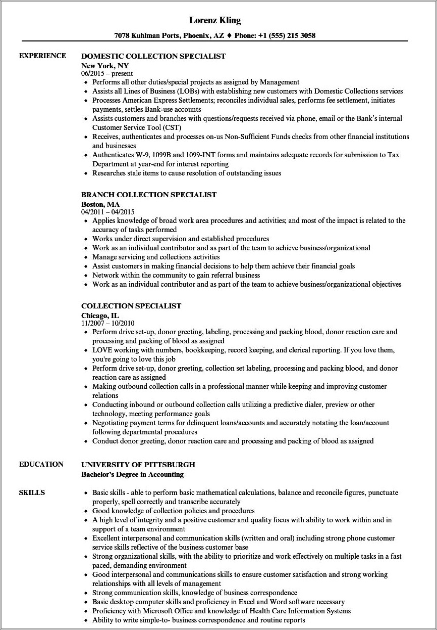Collectinos Agent Jobs On Resume