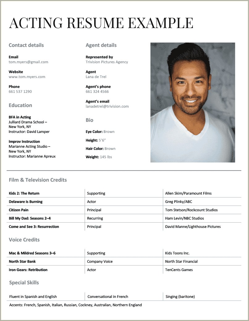 College Resume Musical Theater Sample